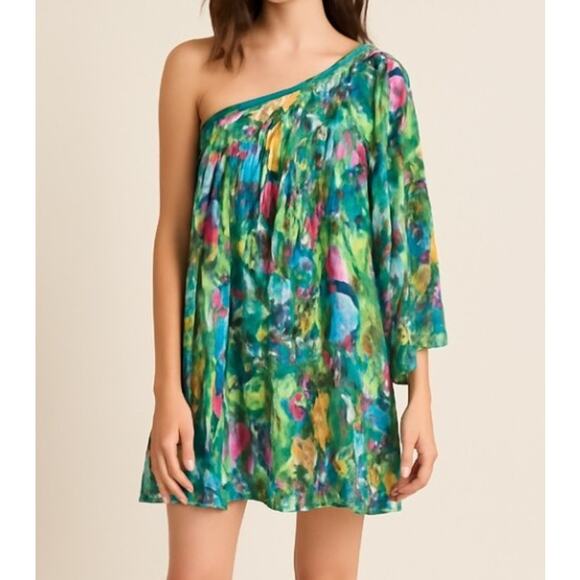 single dress Dresses & Skirts - SINGLE DRESS One-Shoulder 100% Silk Mini in Vibrant Abstract Print Size Small